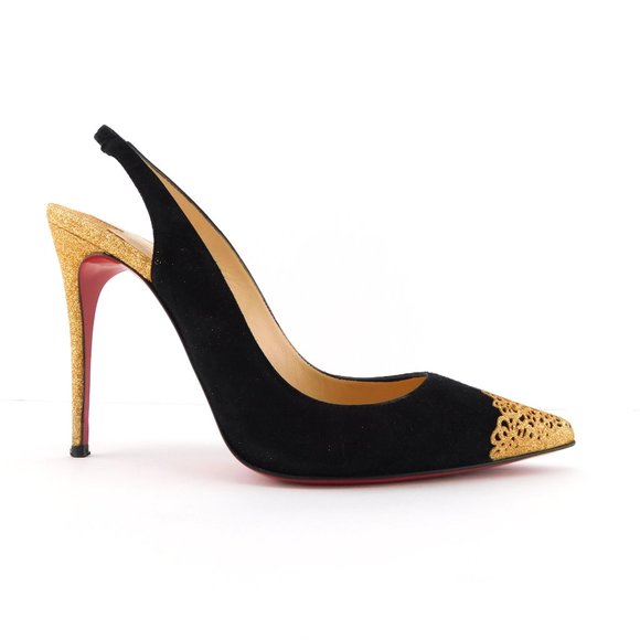 CHRISTIAN LOUBOUTIN Black Suede & Gold Glitter Sling Pumps 36.5 - Picture 2 of 9